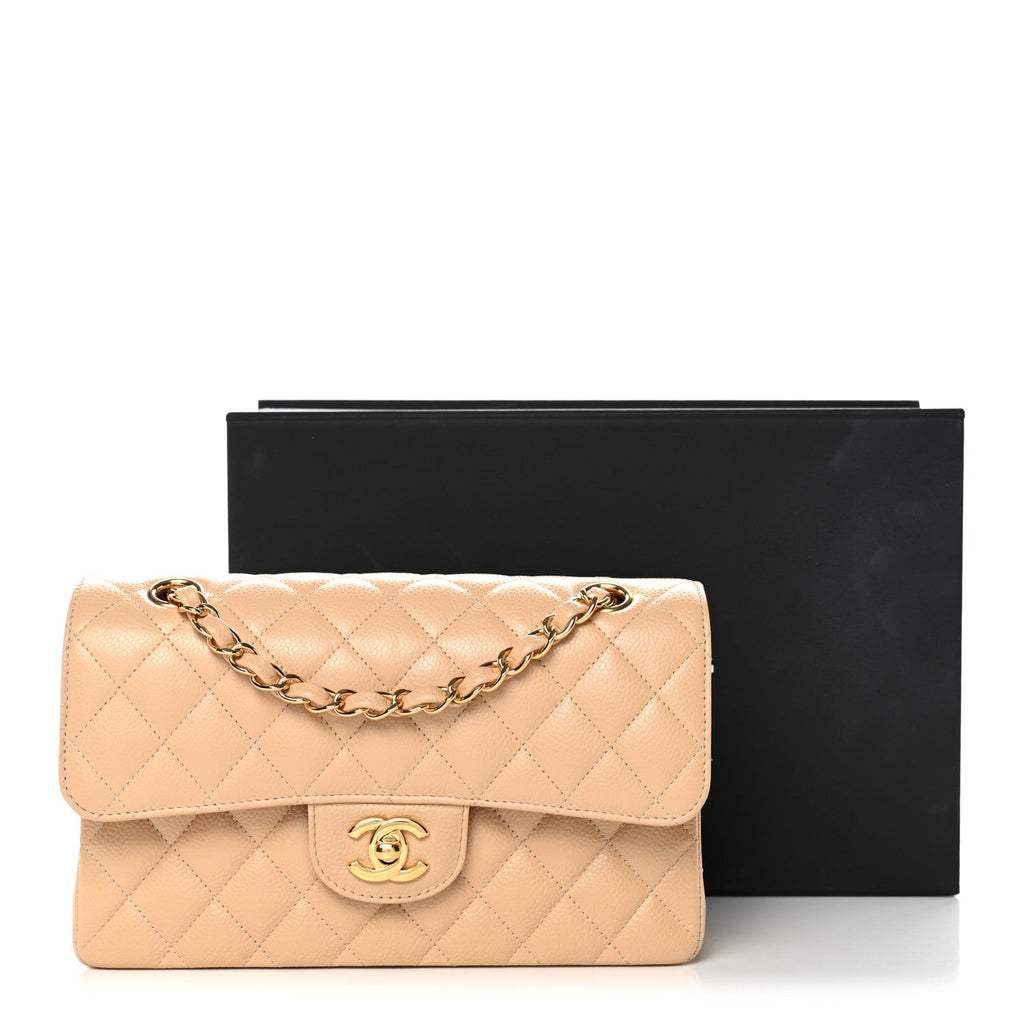 Caviar Quilted Small Double Flap Beige