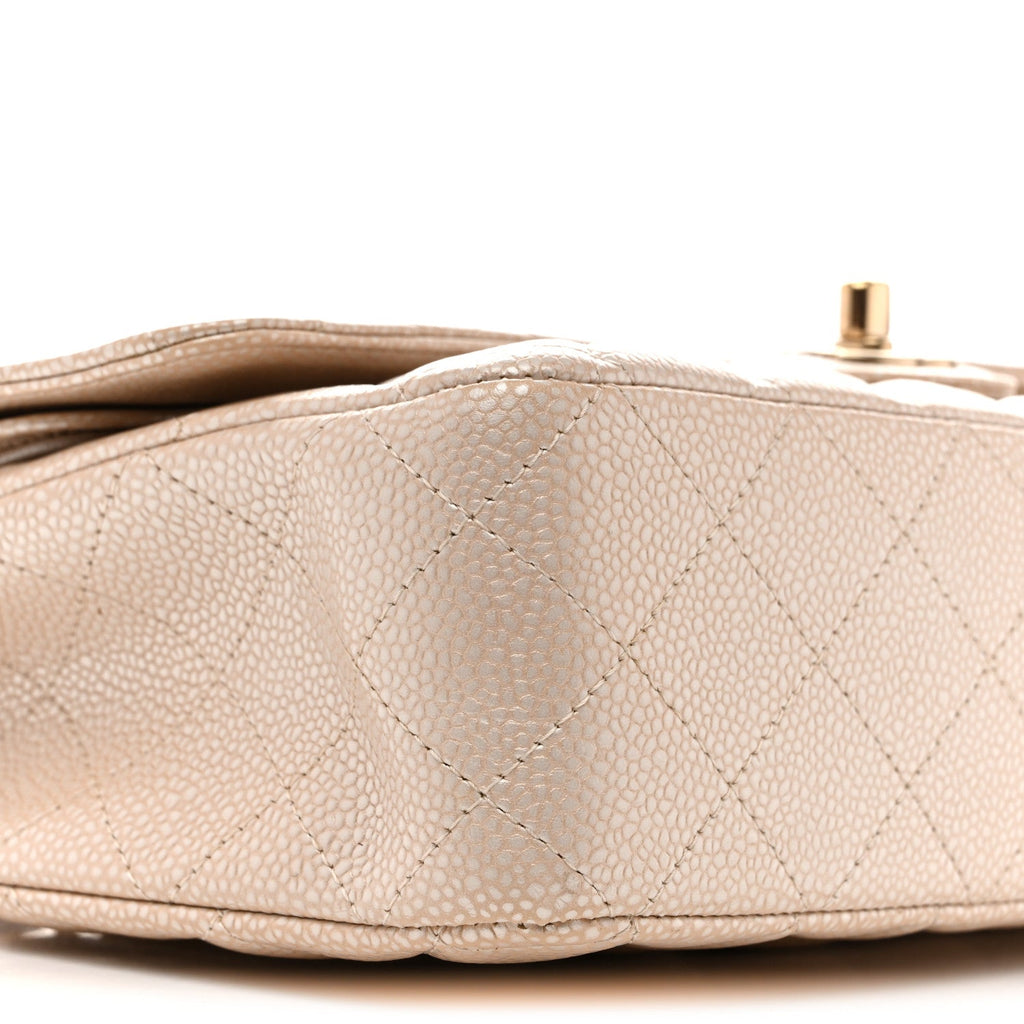 Pearly Caviar Quilted Medium Double Flap Light Beige