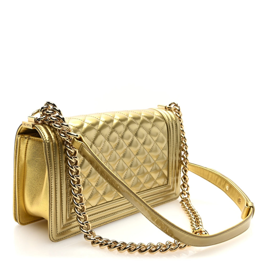 Metallic Patent Calfskin Quilted Medium Boy Flap Gold