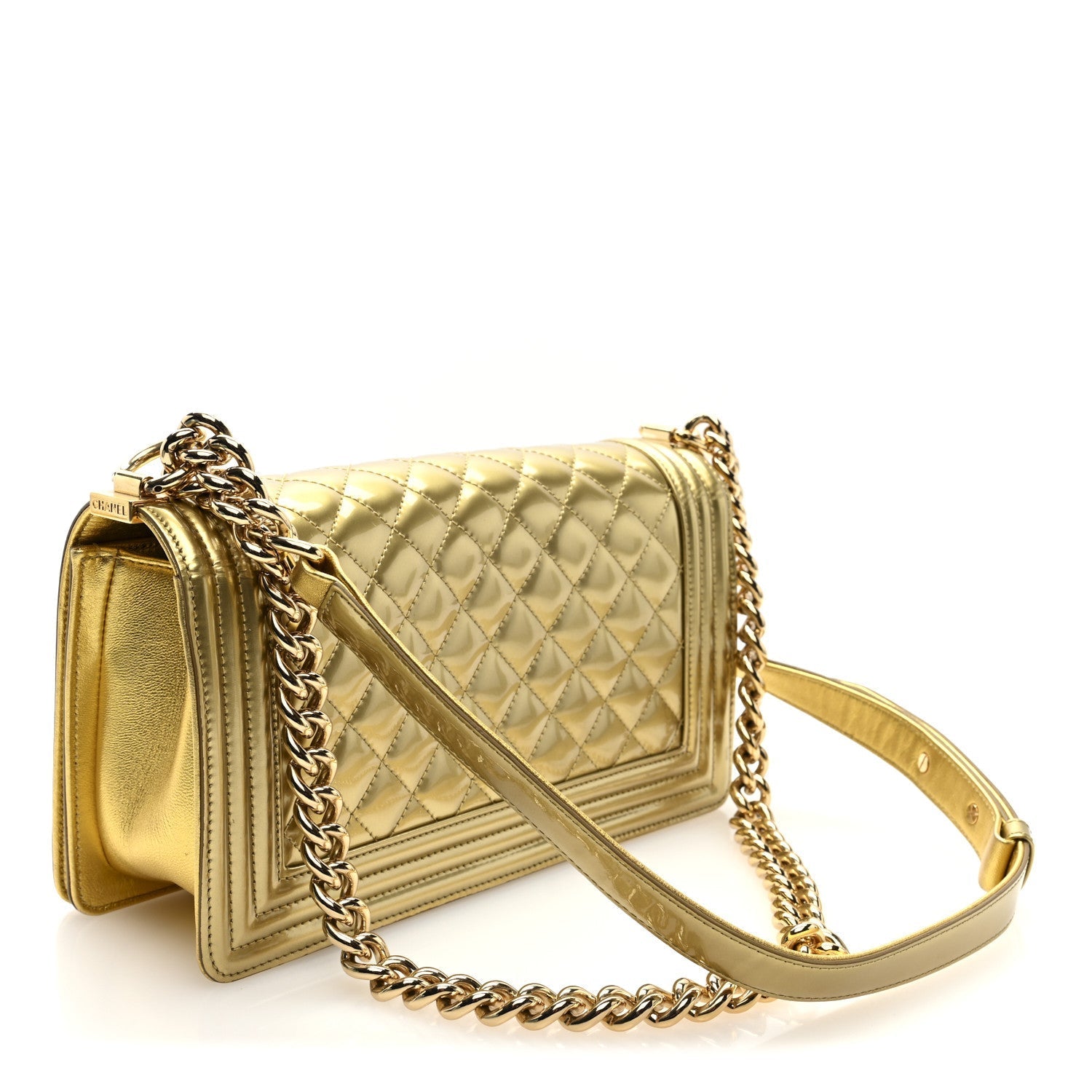 Metallic Patent Calfskin Quilted Medium Boy Flap Gold