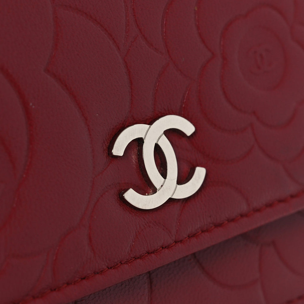Lambskin Camellia Embossed Wallet on Chain WOC Red