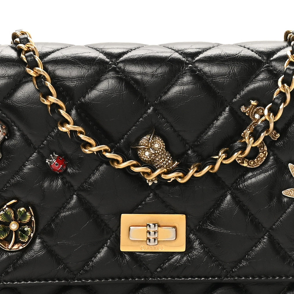 Aged Calfskin Lucky Charms 2.55 Reissue Wallet on Chain WOC Black