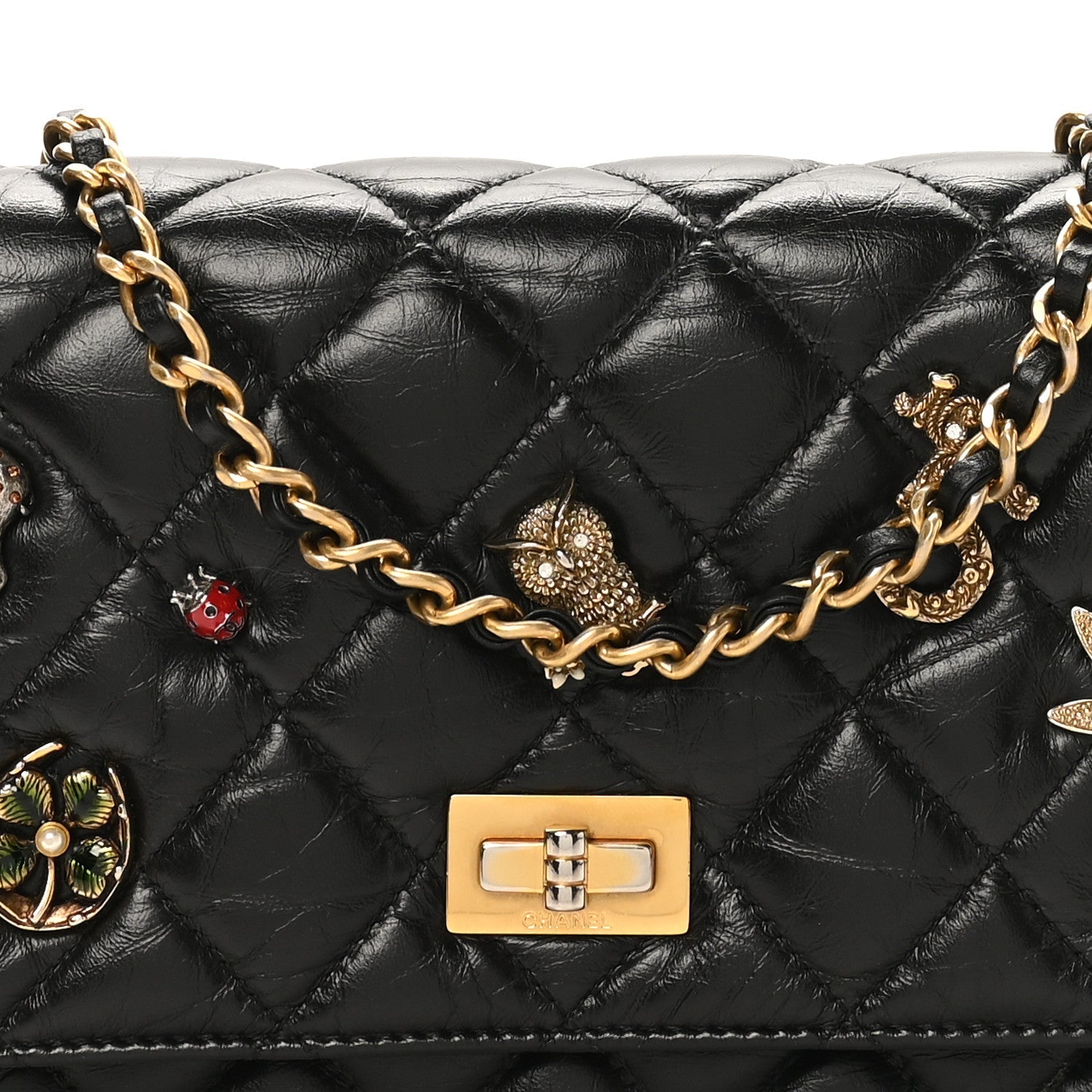 Aged Calfskin Lucky Charms 2.55 Reissue Wallet on Chain WOC Black