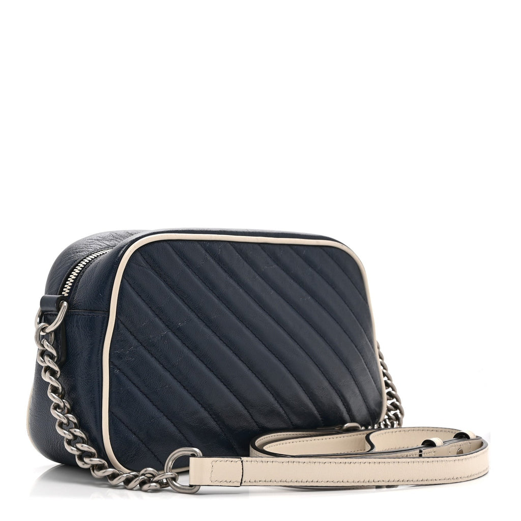 Vintage Effect Calfskin Matelasse Diagonal Small Torchon GG Marmont Chain Shoulder Bag Blue Agata Mystic White