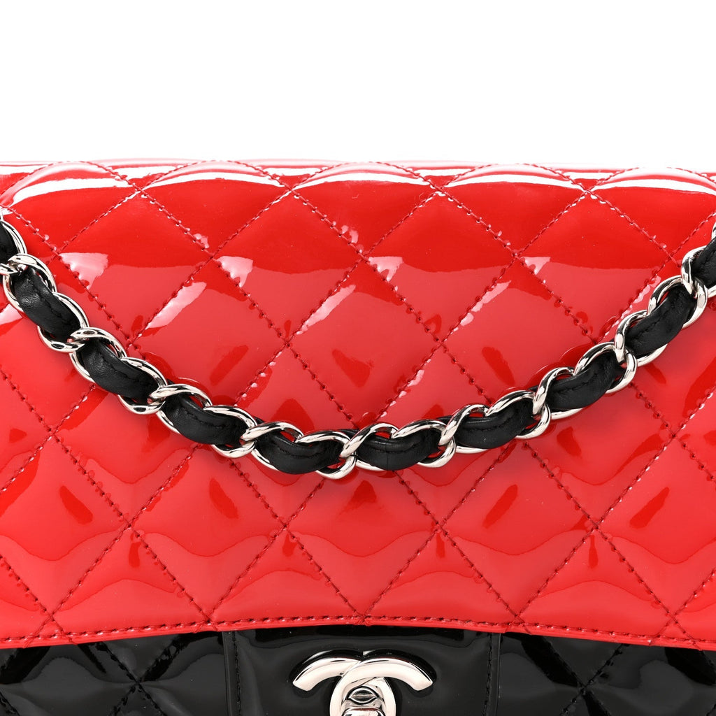 Patent Calfskin Quilted Bi-Color Medium Double Flap Black Red
