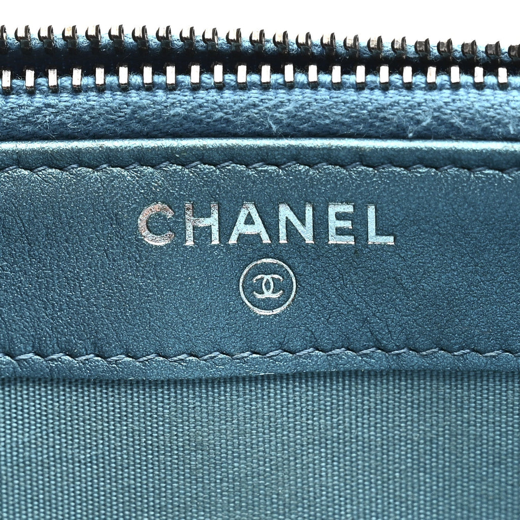 Metallic Caviar Quilted Small Boy Clutch With Chain Turquoise