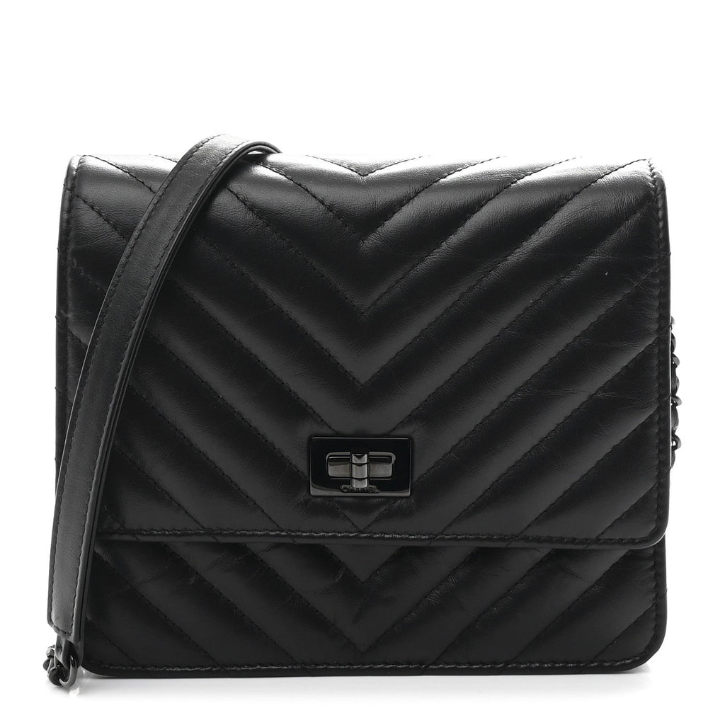 Aged Calfskin Chevron Quilted Reissue 2.55 Square Wallet On Chain WOC So Black