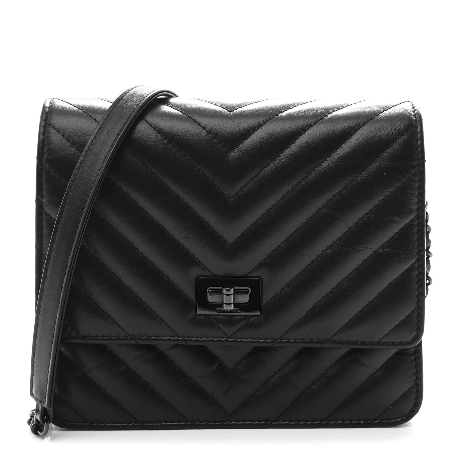 Aged Calfskin Chevron Quilted Reissue 2.55 Square Wallet On Chain WOC So Black