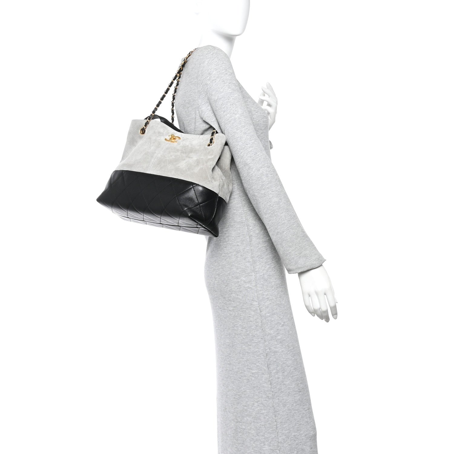 Suede Calfskin Shiny Lambskin Quilted Small Coco Base Shopping Bag Grey Black
