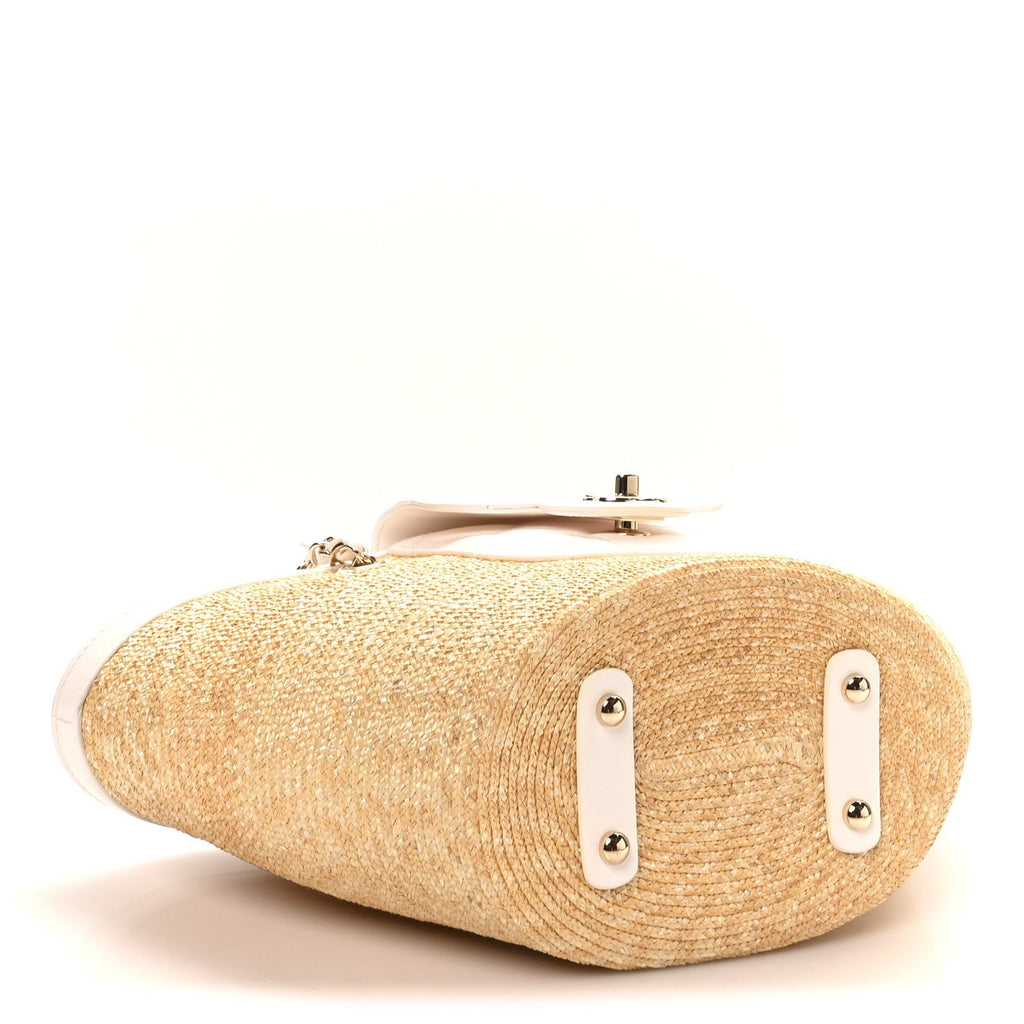 Raffia Braided Lambskin Small Shopping Tote Beige White