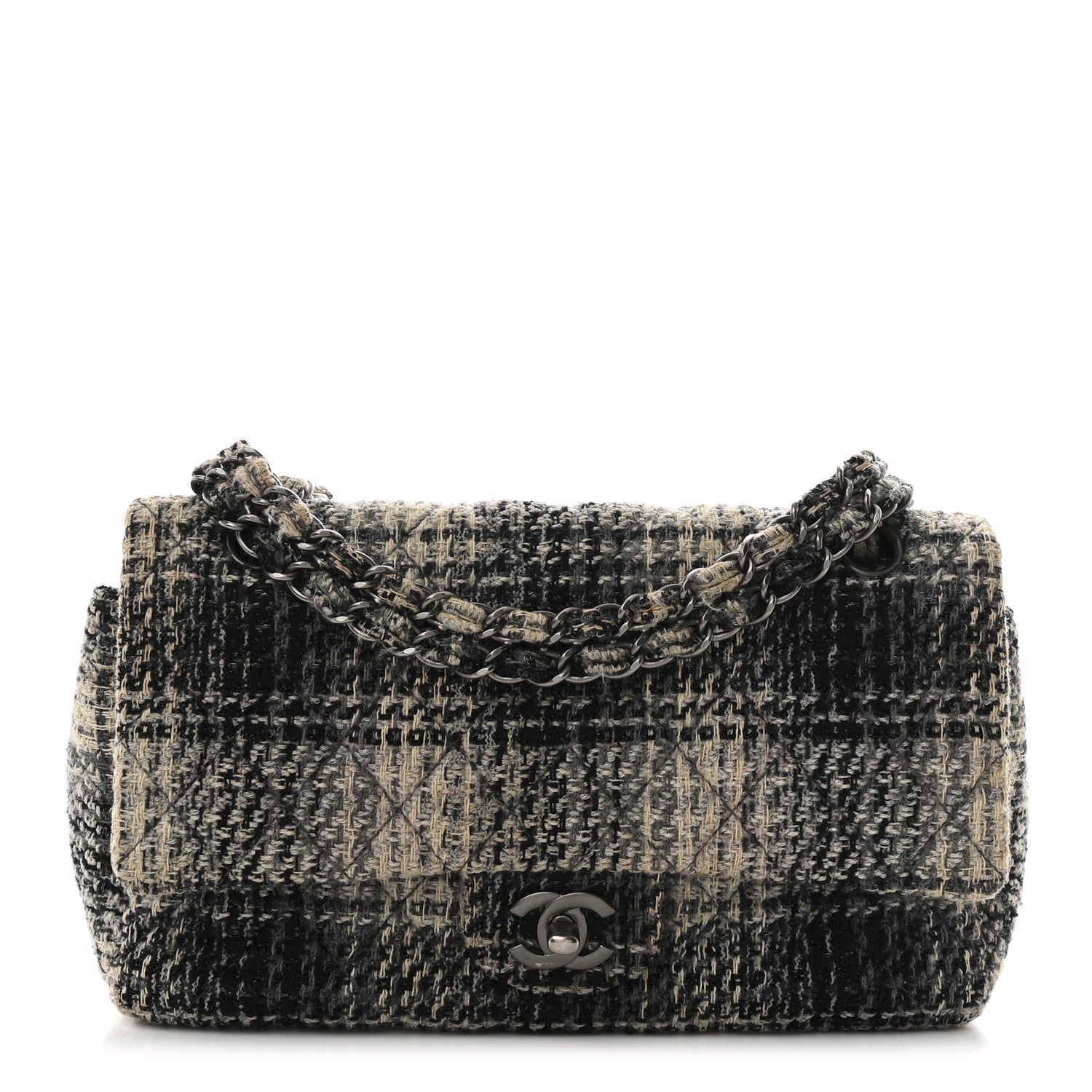Tweed Quilted Medium Double Flap Beige White Black