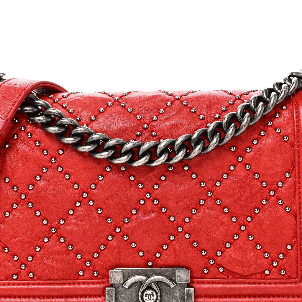 Crumpled Lambskin Small Studded Boy Flap Red