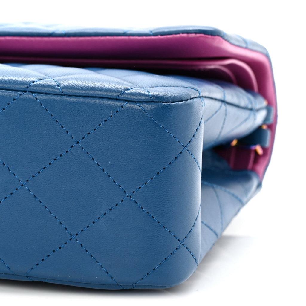 Lambskin Quilted Medium Double Flap Blue Pink