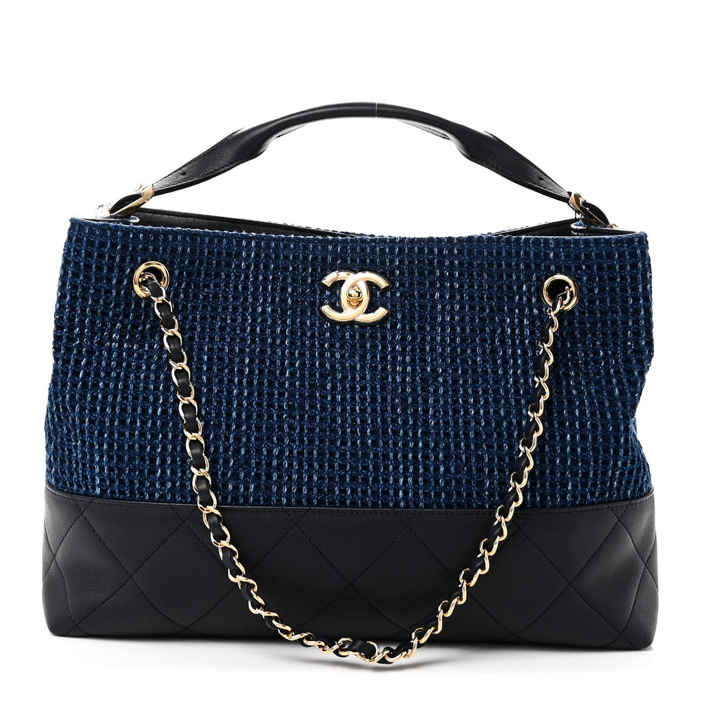 Tweed Shiny Lambskin Quilted Coco Base Small Shopping Bag Dark Blue