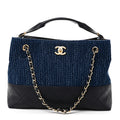 Tweed Shiny Lambskin Quilted Coco Base Small Shopping Bag Dark Blue
