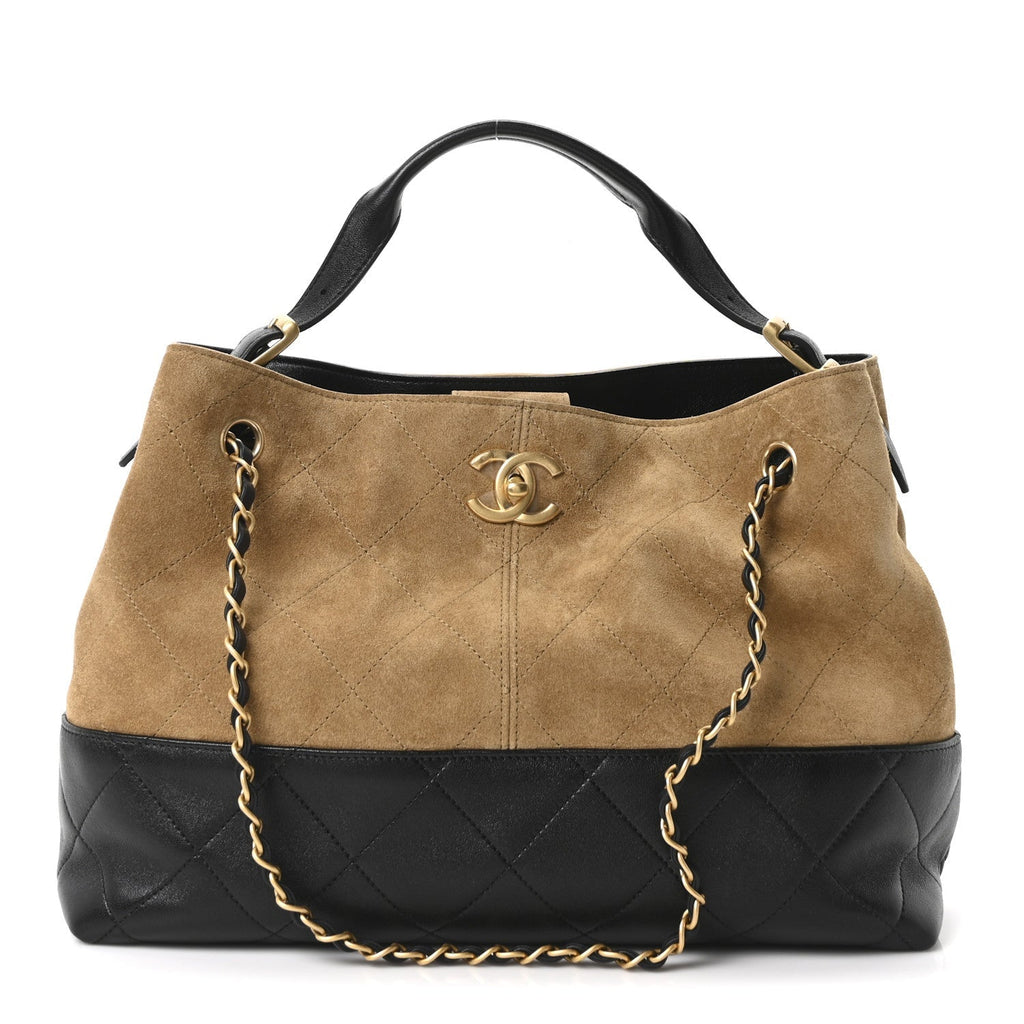 Suede Calfskin Shiny Lambskin Quilted Small Coco Base Shopping Bag Beige Black