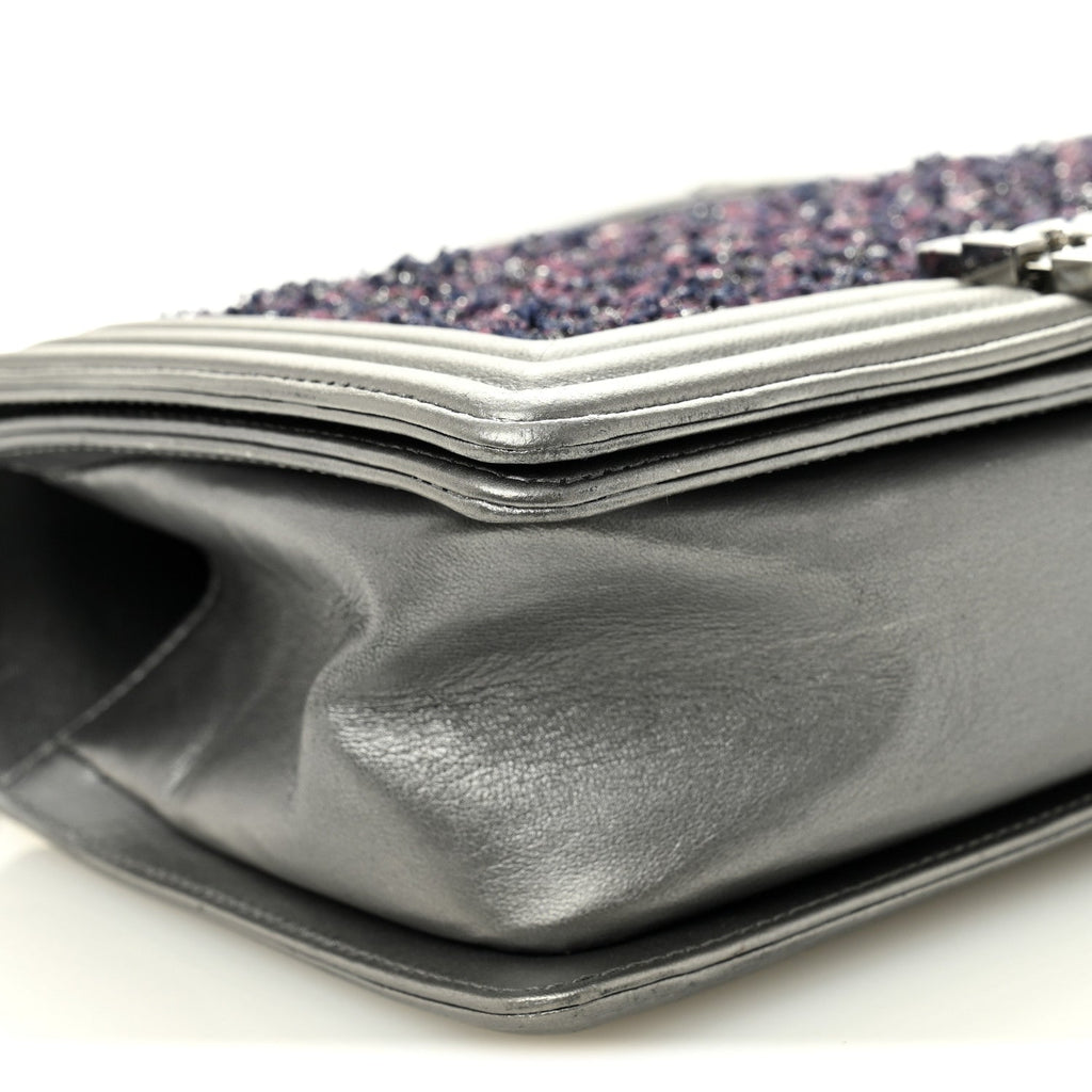 Tweed Metallic Lambskin Medium Boy Flap Silver