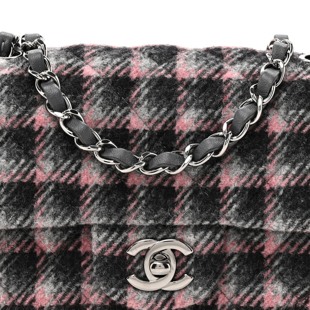 Wool Plaid Quilted Mini Rectangular Flap Pink Grey Multicolor