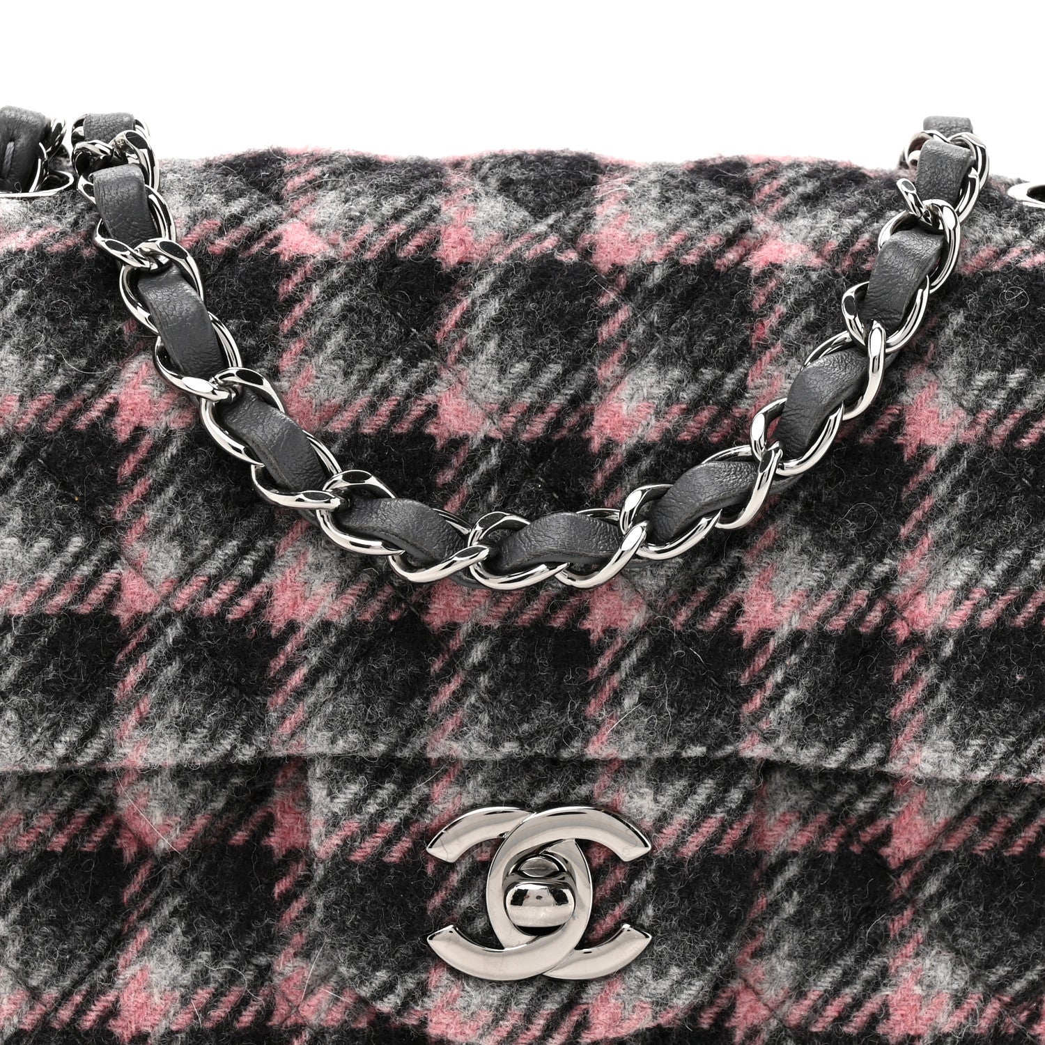 Wool Plaid Quilted Mini Rectangular Flap Pink Grey Multicolor
