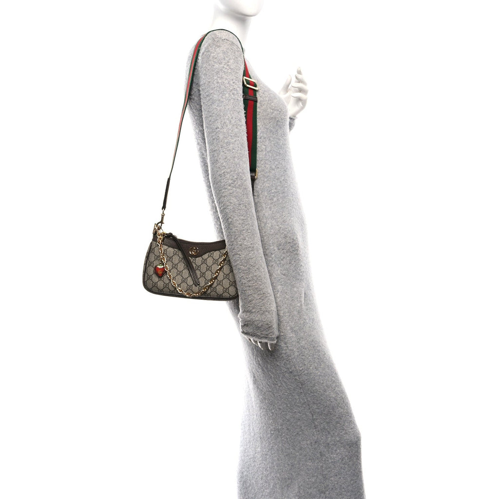 GG Supreme Monogram Textured Dollar Calfskin Web Small Ophidia GG Handbag Beige Ebony New Acero