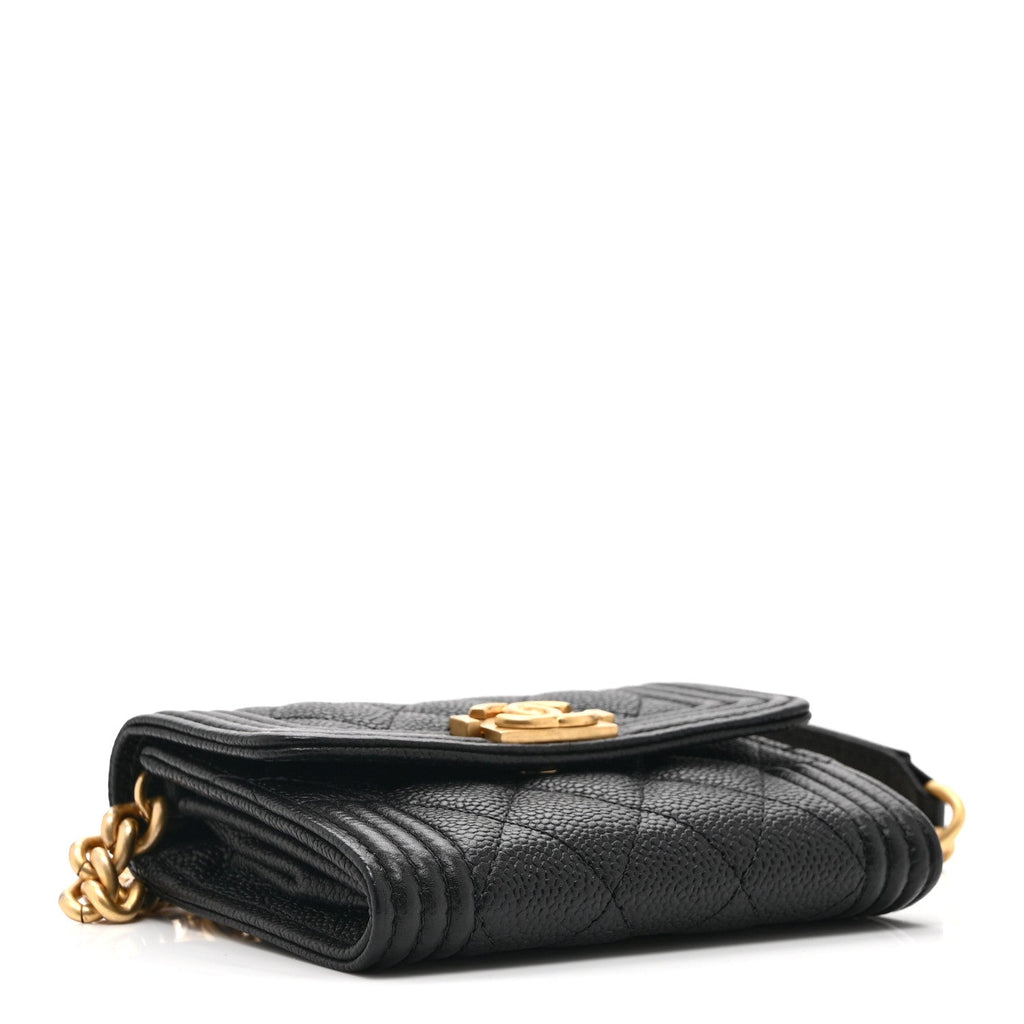Caviar Quilted Boy Card Holder On Chain Black