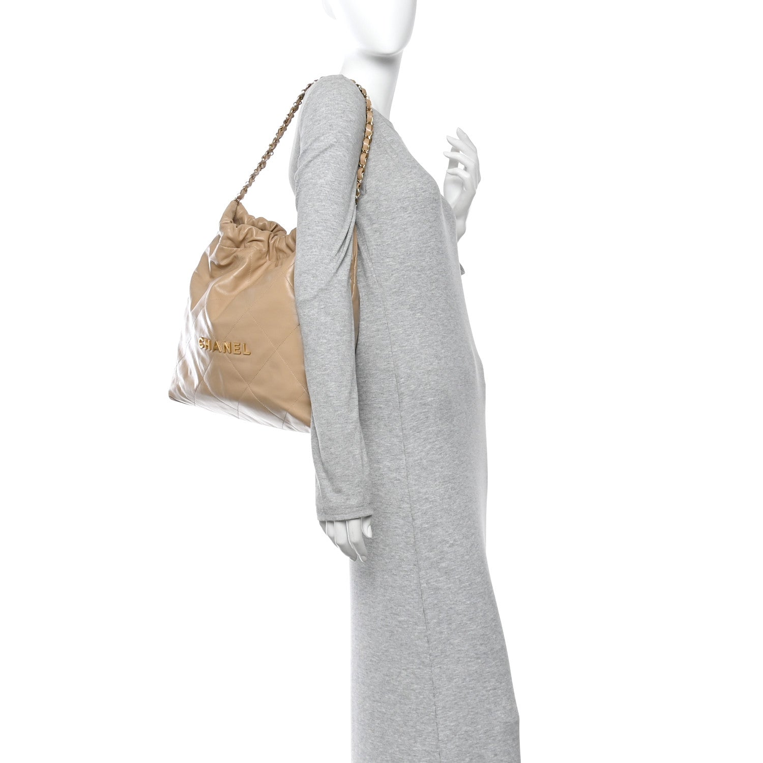 Shiny Calfskin Quilted Chanel 22 Beige