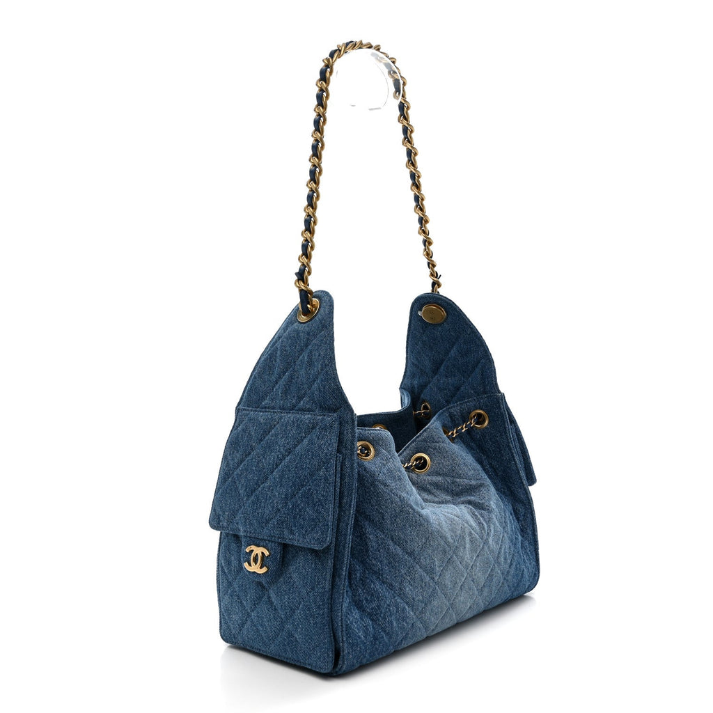Washed Denim Quilted Small Chanel 25 Handbag Blue