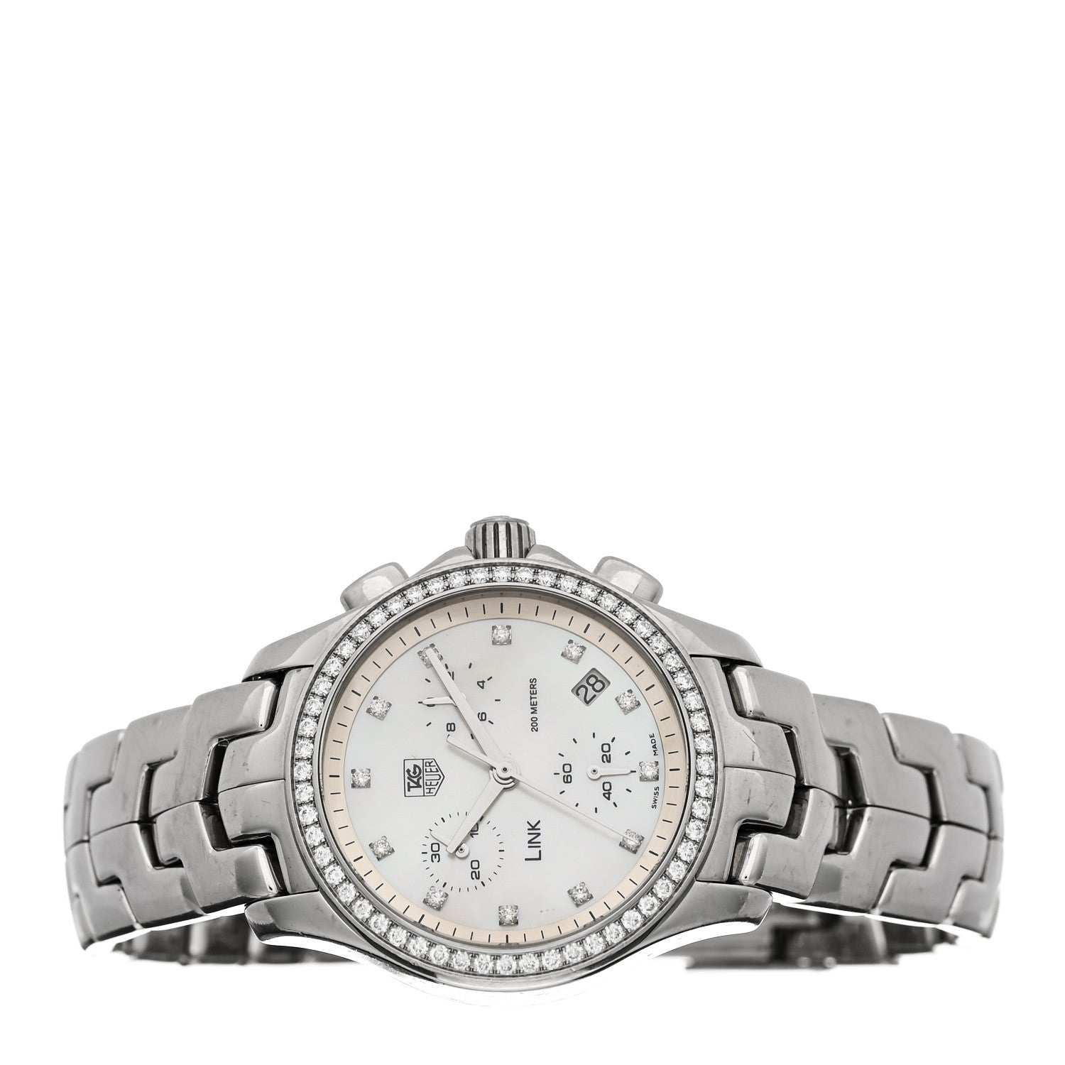 Stainless Steel Diamond Bezel Mother of Pearl 33mm Link Lady Quartz Watch CJF1314