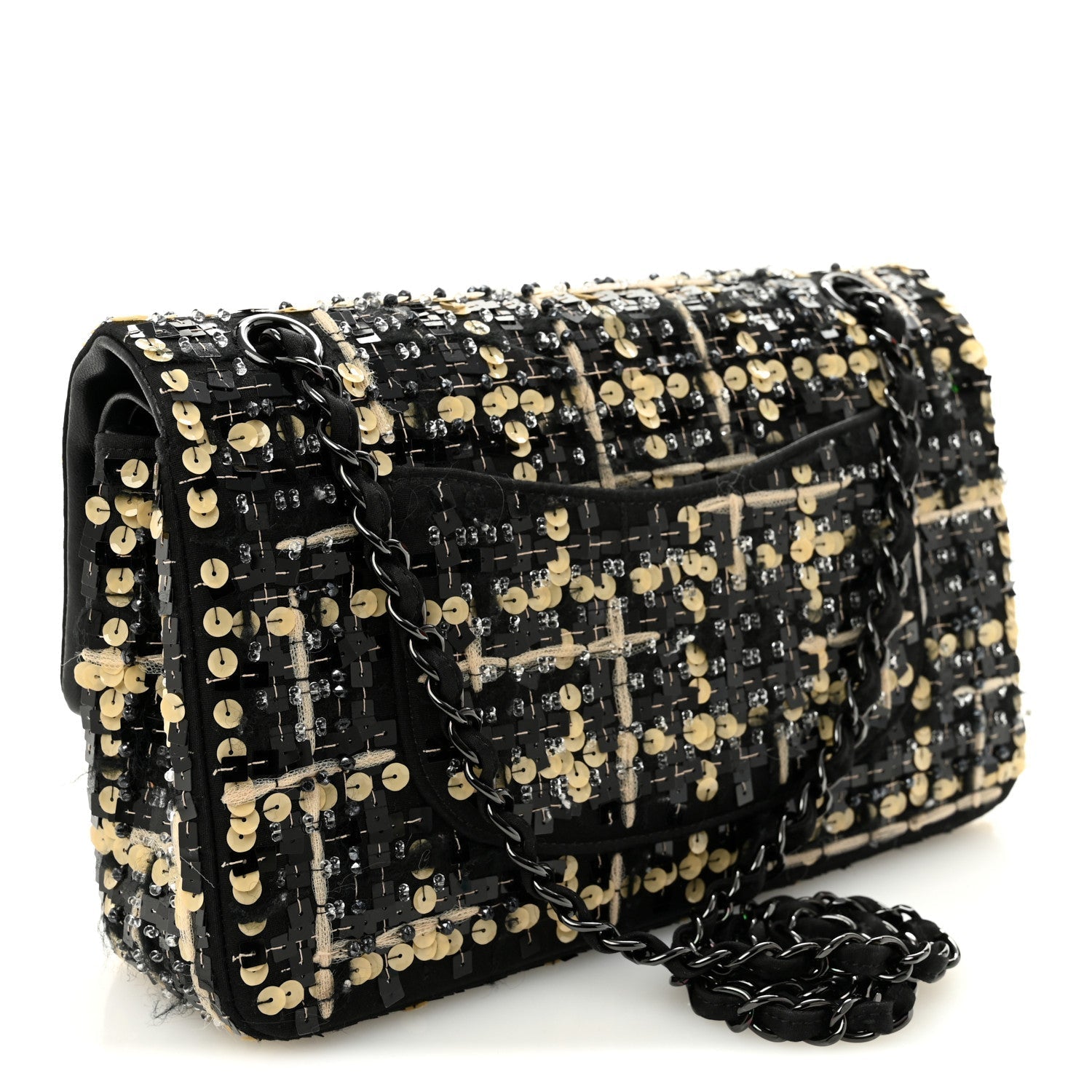 Satin Sequin Embroidered Medium Double Flap Black