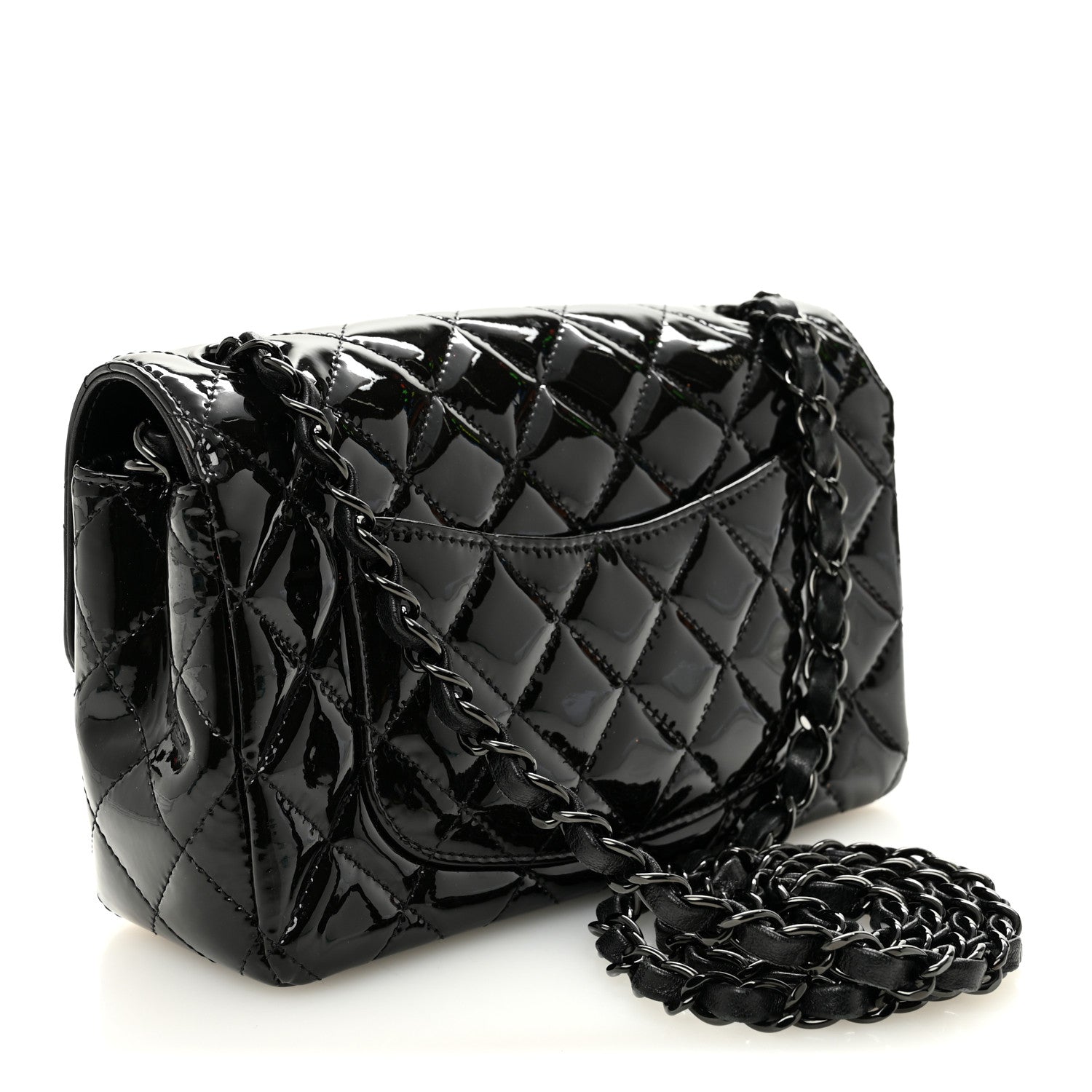 Patent Calfskin Quilted Mini Rectangular Flap So Black