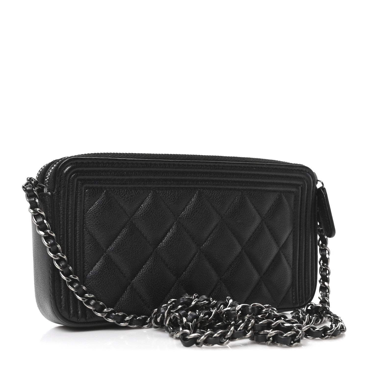 Grained Calfskin Quilted Boy Phone Holder Wallet On Chain Black