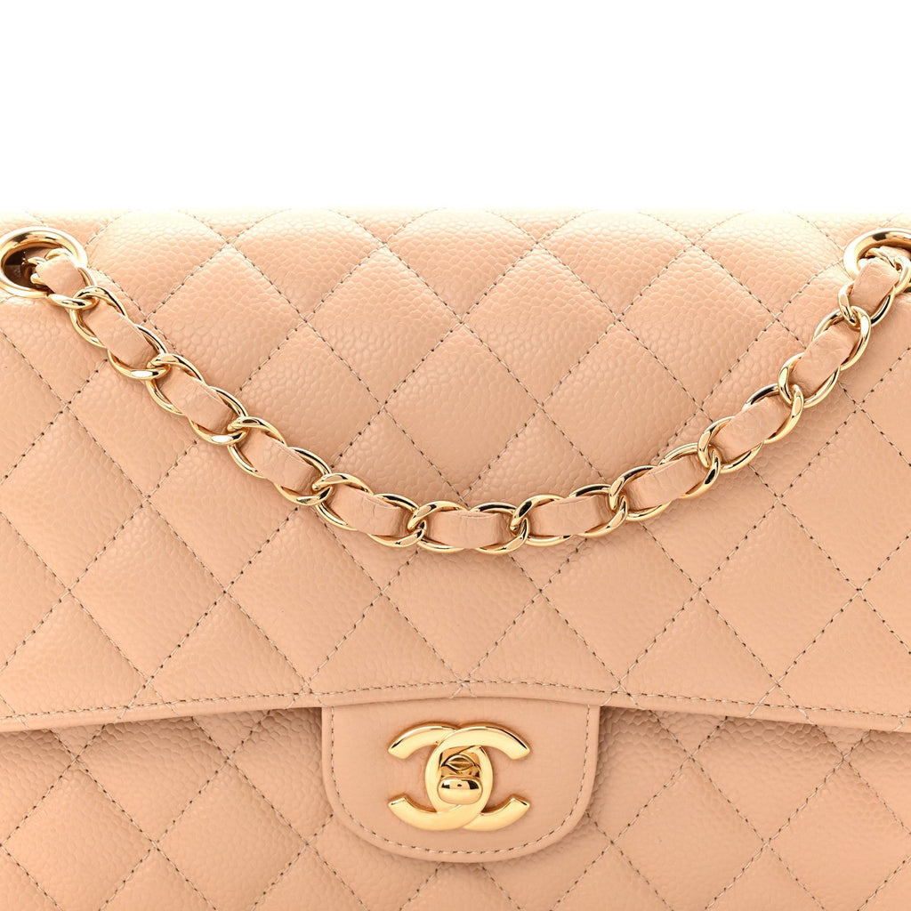 Caviar Quilted Medium Double Flap Beige