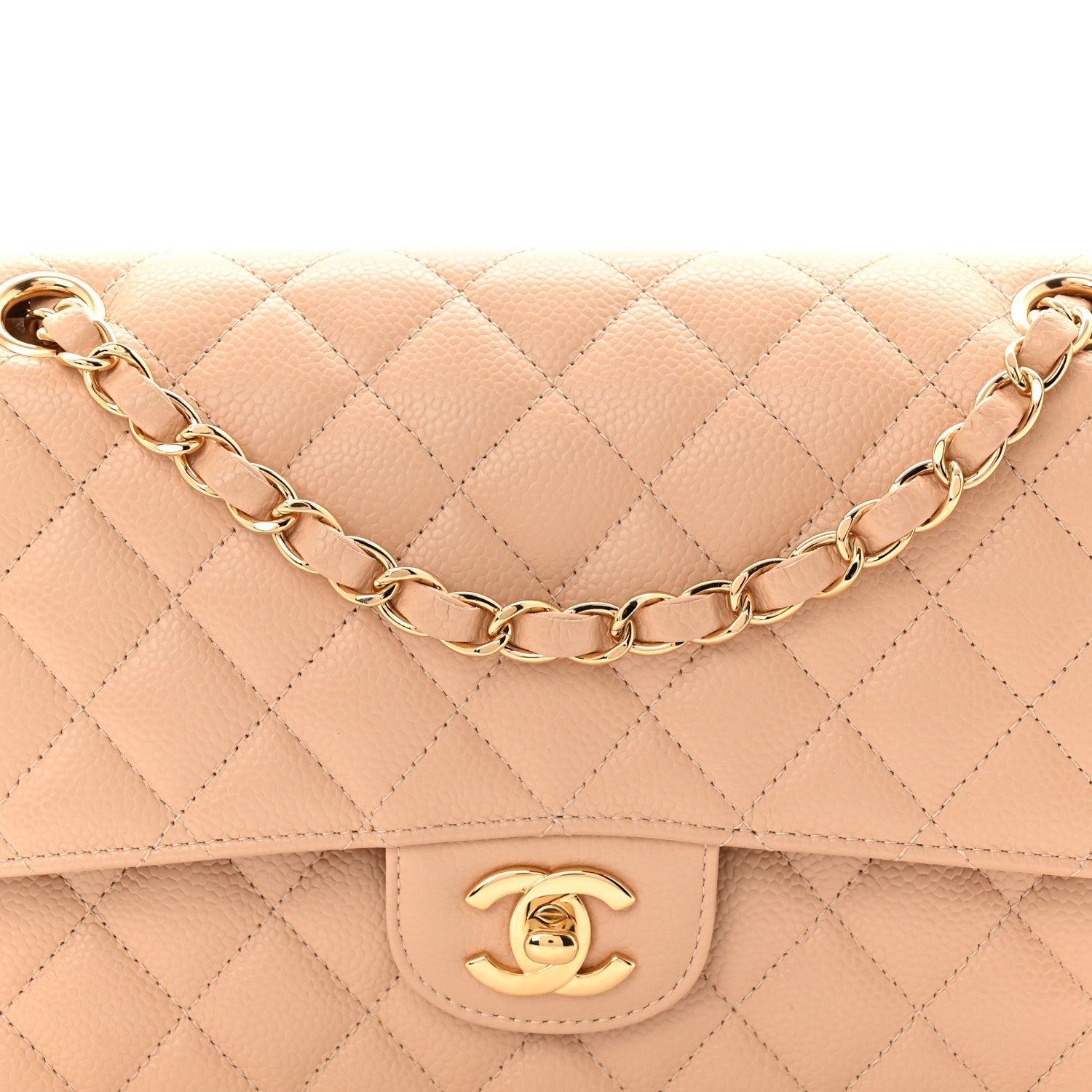 Caviar Quilted Medium Double Flap Beige
