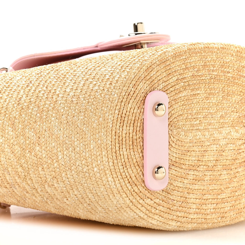 Raffia Lambskin Small Wicker Tote Beige Light Pink