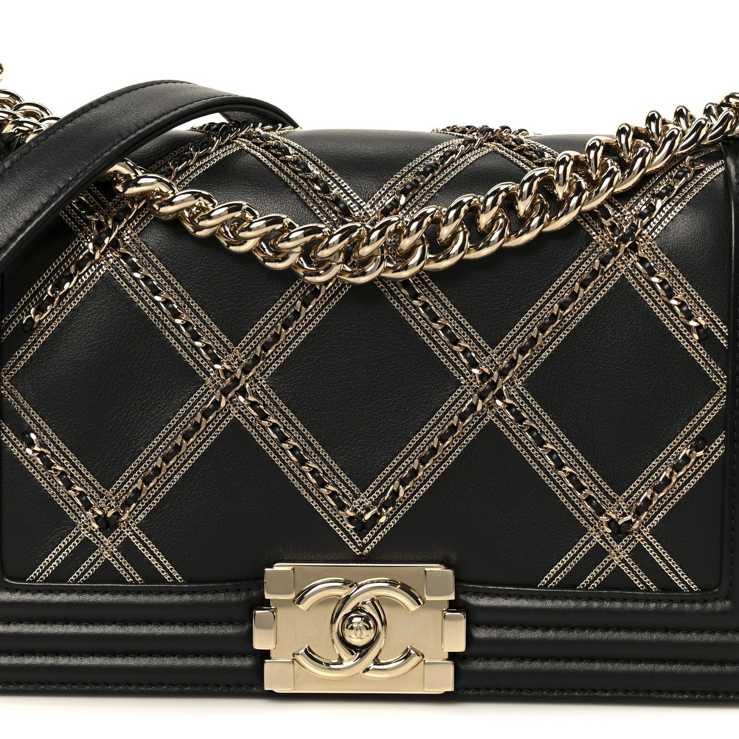 Calfskin Quilted Medium Chain Detail Boy Flap Black
