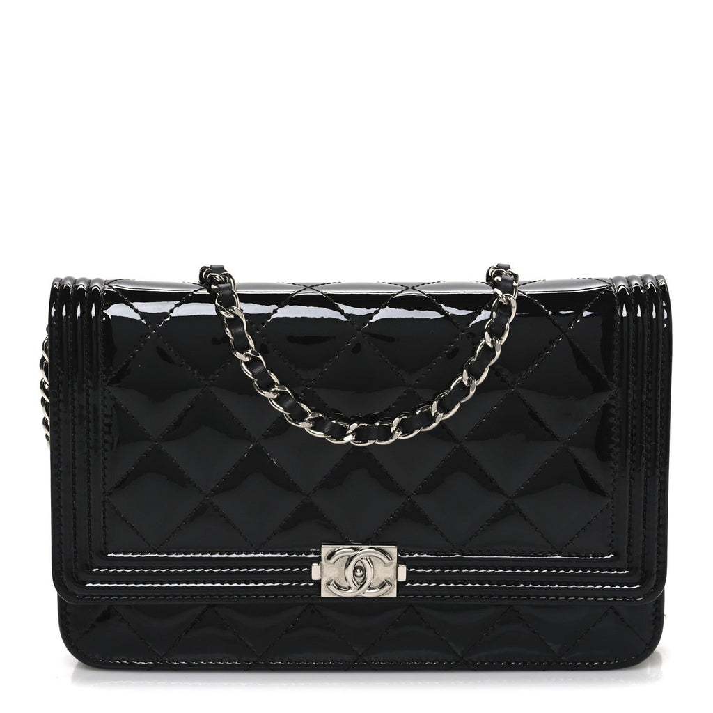 Patent Calfskin Quilted Boy Wallet On Chain WOC Black