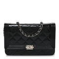 Patent Calfskin Quilted Boy Wallet On Chain WOC Black