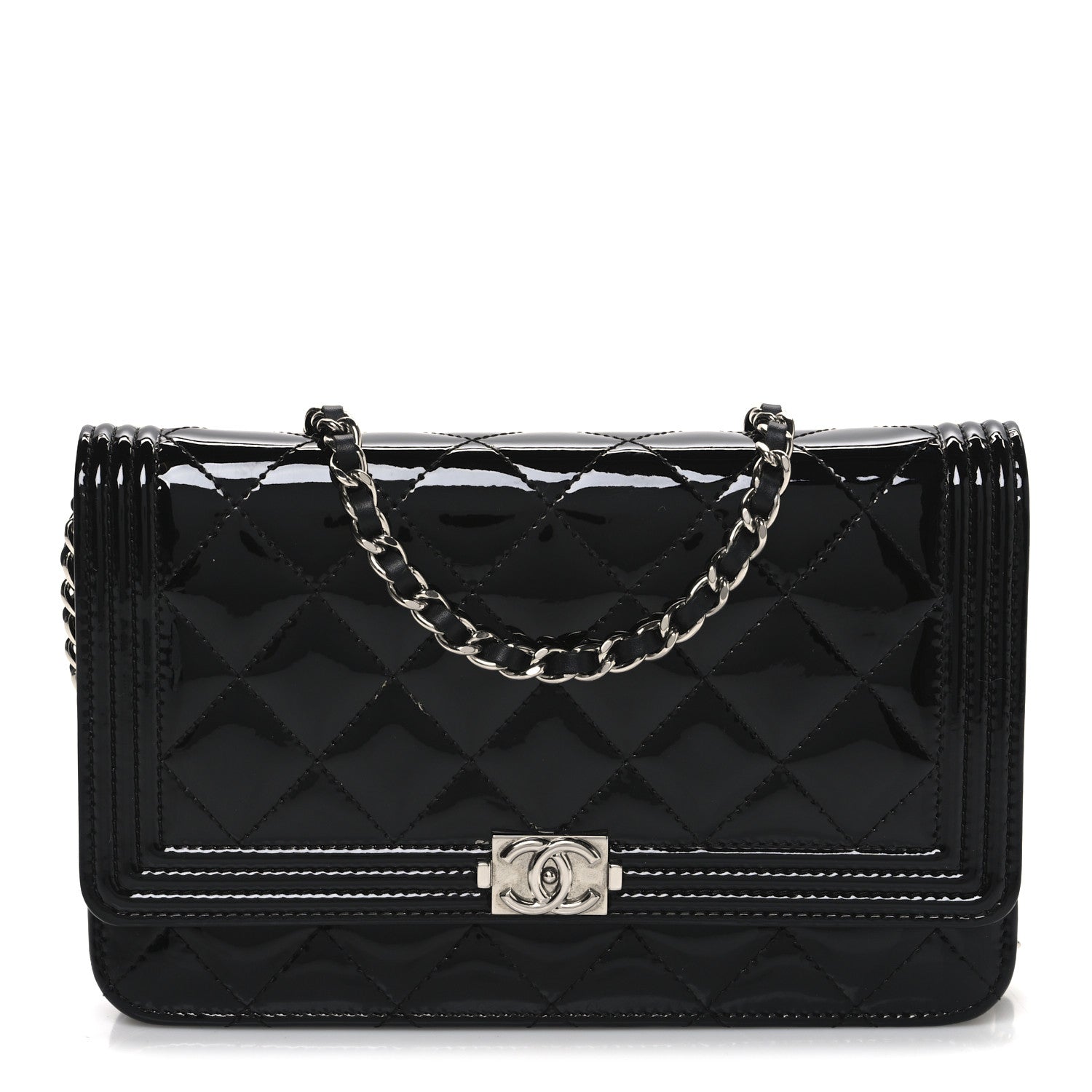 Patent Calfskin Quilted Boy Wallet On Chain WOC Black
