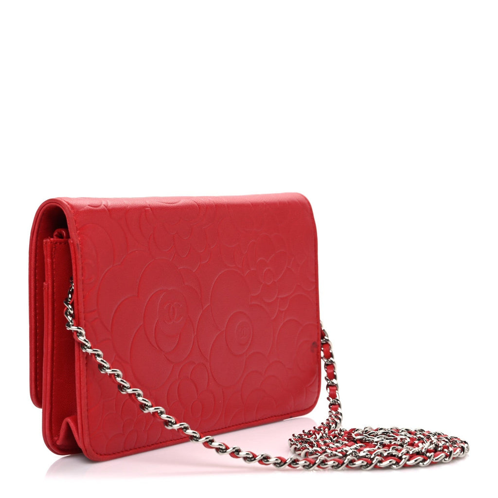 Lambskin Camellia Embossed Wallet on Chain WOC Red