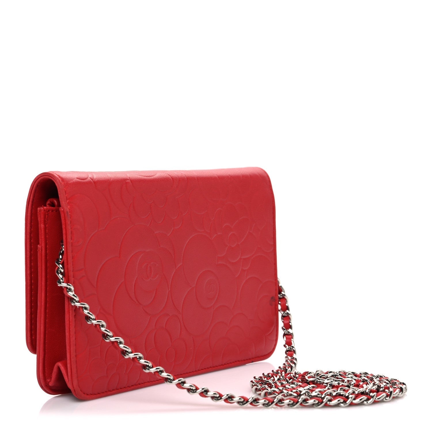 Lambskin Camellia Embossed Wallet on Chain WOC Red