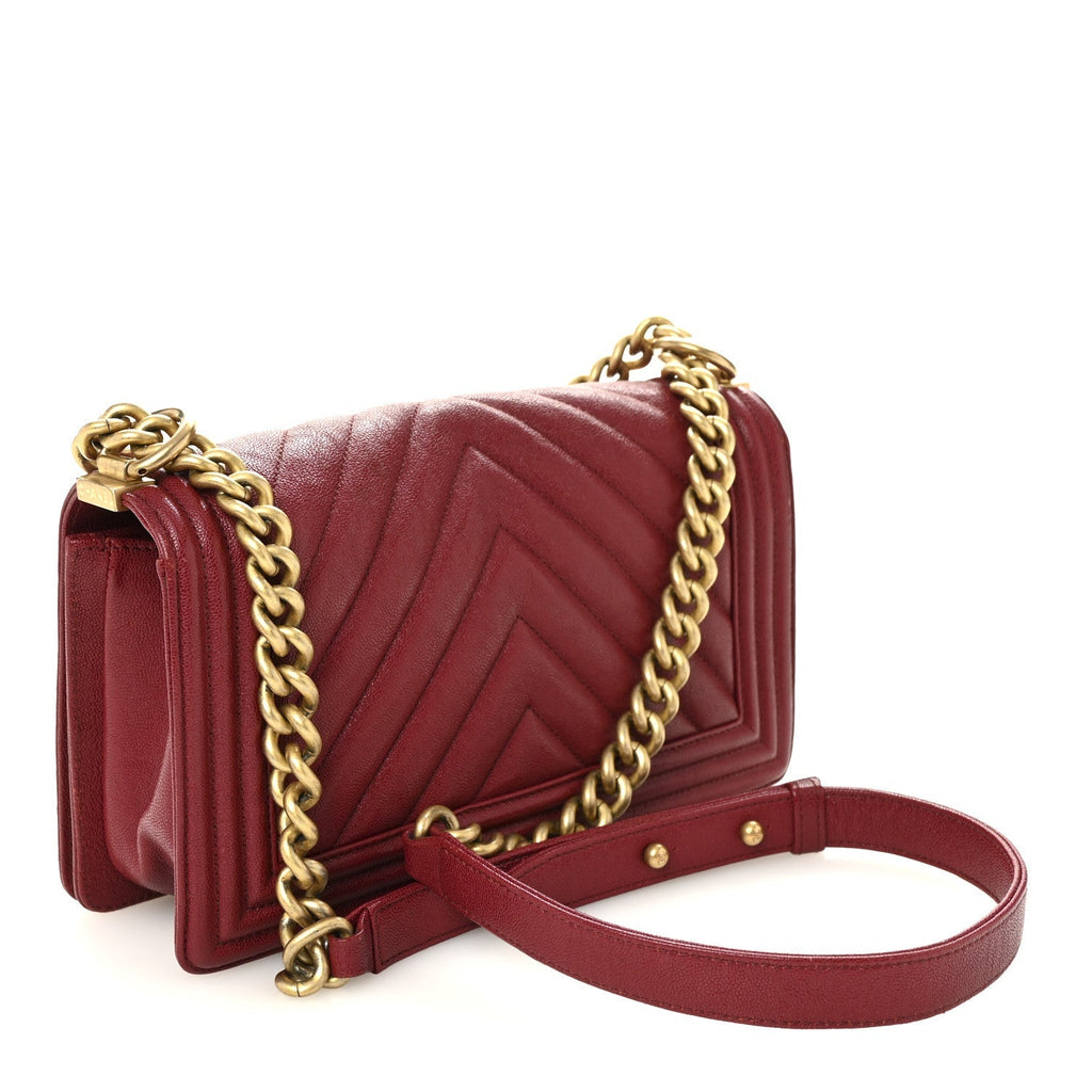 Caviar Chevron Quilted Medium Boy Flap Dark Red