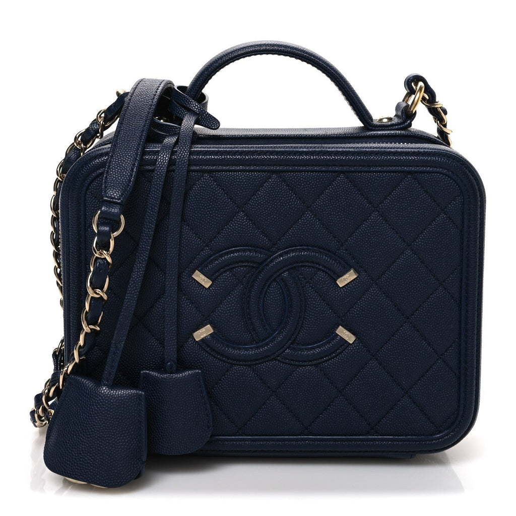 Caviar Quilted Medium CC Filigree Vanity Case Navy