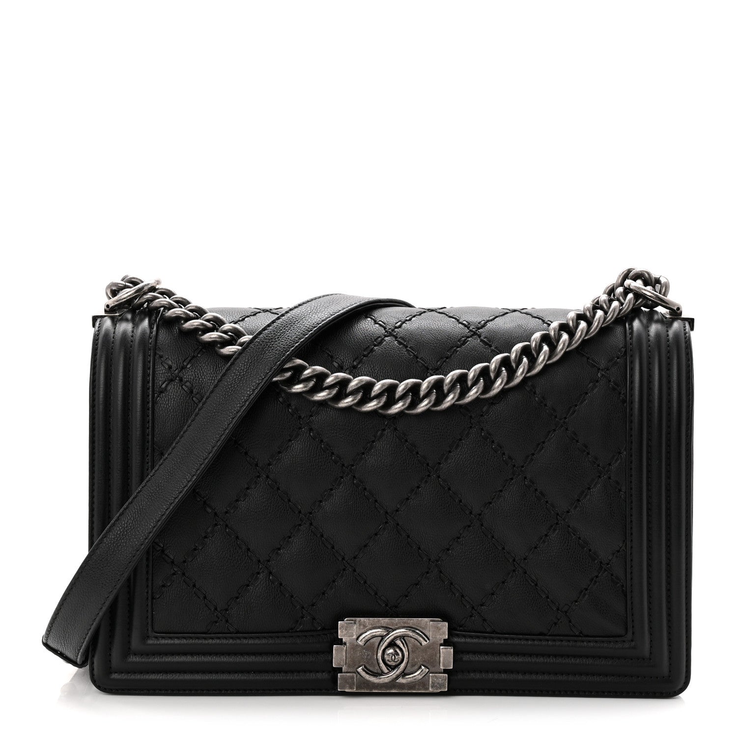 Calfskin Quilted Double Stitched New Medium Boy Flap Black