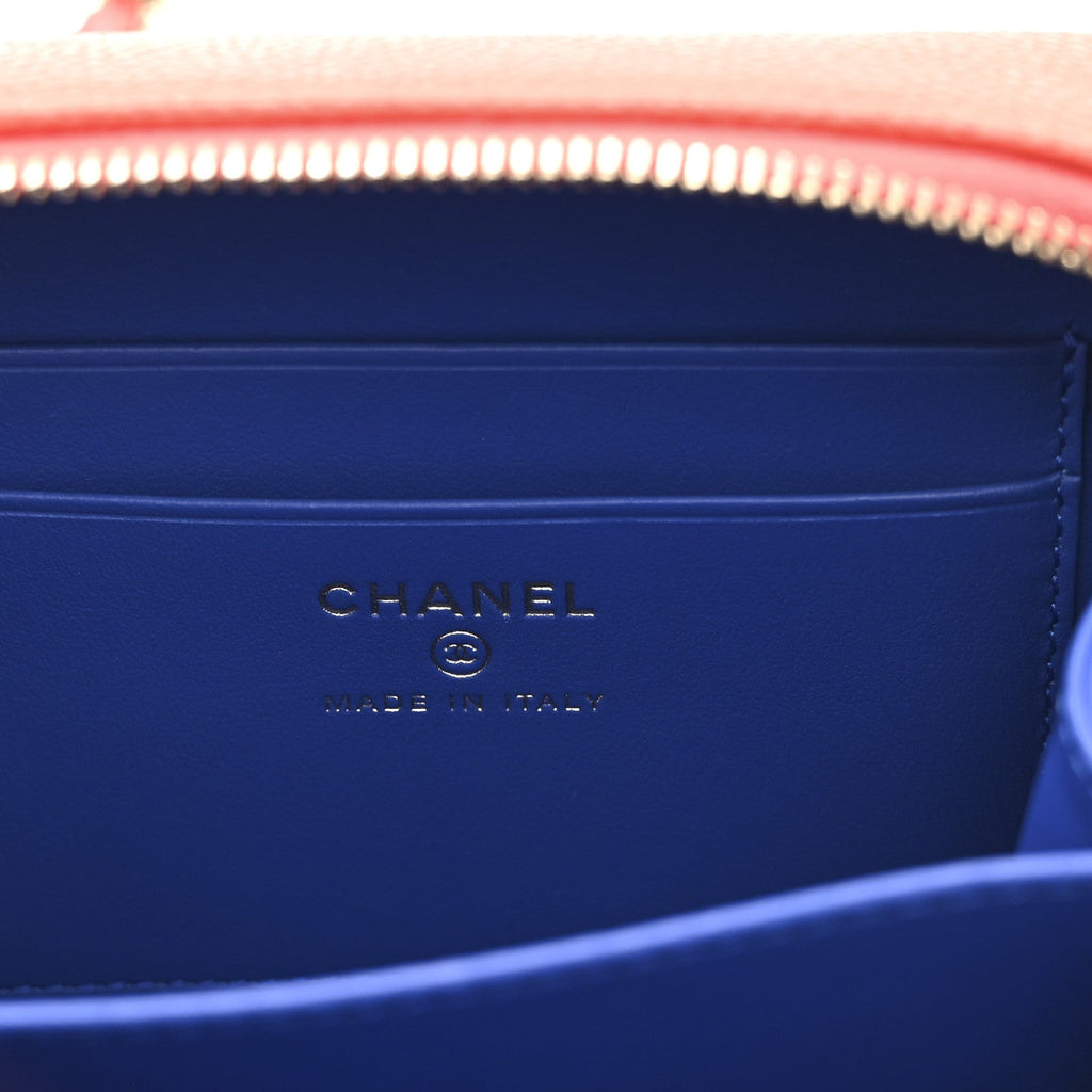 Caviar Quilted Filigree Vanity Clutch With Chain Blue White Red