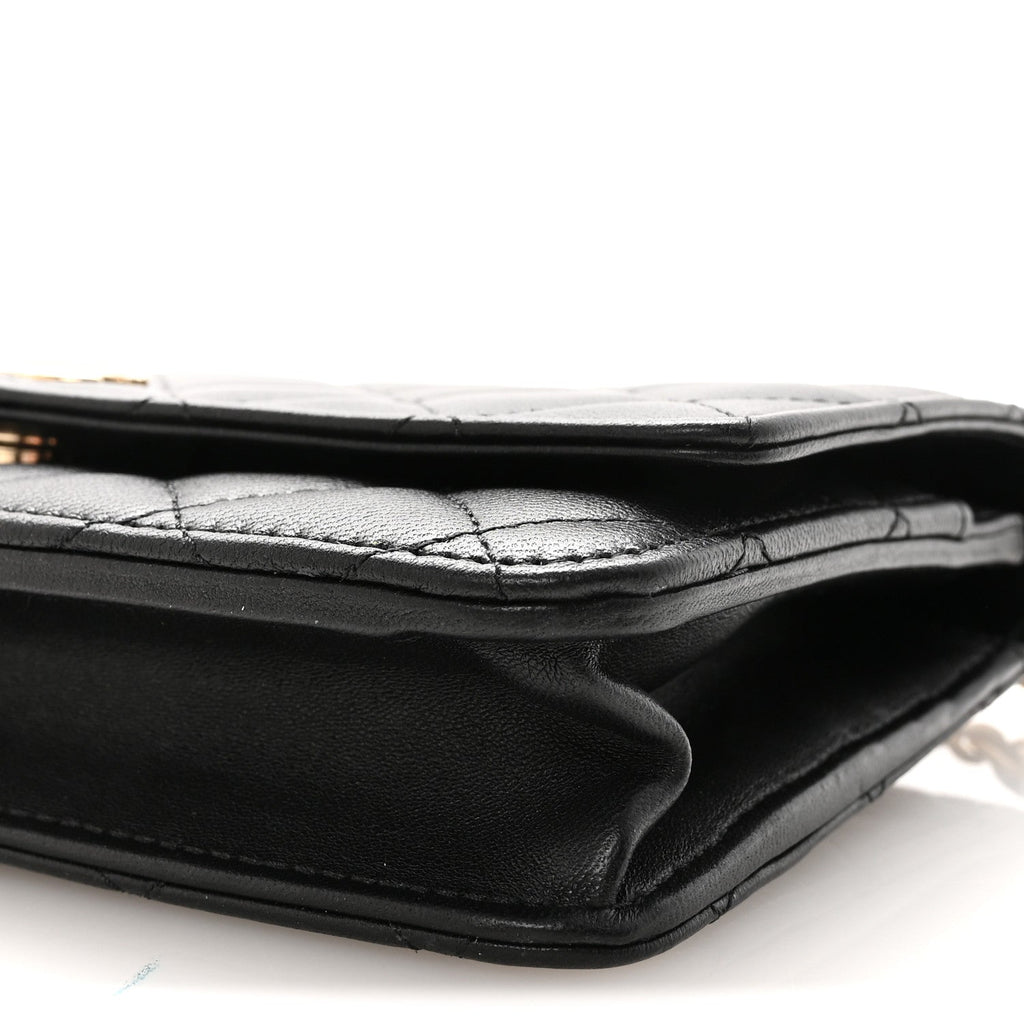 Lambskin Quilted Pearl Wallet On Chain WOC Black
