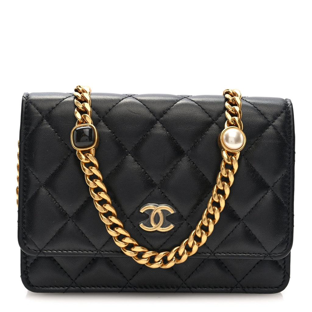 Lambskin Quilted CC Pearl Enamel Clutch on Chain WOC Black