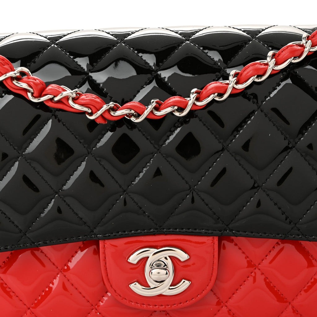 Patent Calfskin Quilted Bi-Color Medium Double Flap Black Red