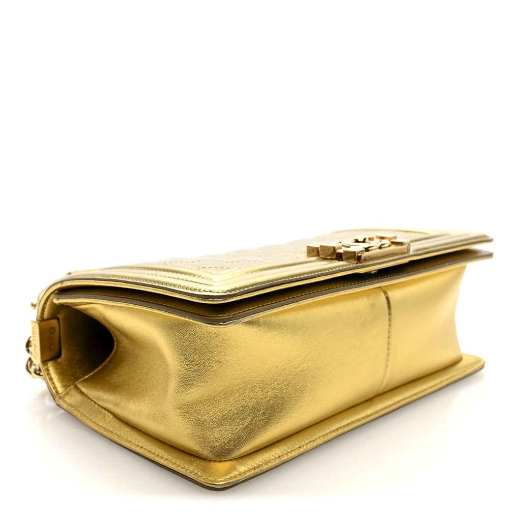 Metallic Patent Calfskin Quilted Medium Boy Flap Gold