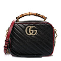 Vintage Effect Calfskin Matelasse Diagonal Small Torchon GG Marmont Bamboo Top Handle Shoulder Bag Black Romantic Cherry