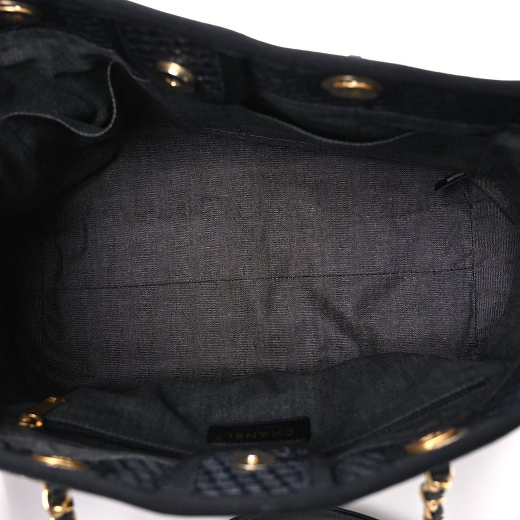 Straw Raffia Calfskin Chain Small Deauville Tote Black